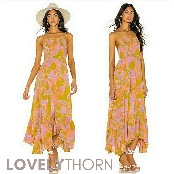 FREE PEOPLE // ltd ed floral print strappy smocked halter asymmetric maxi dress